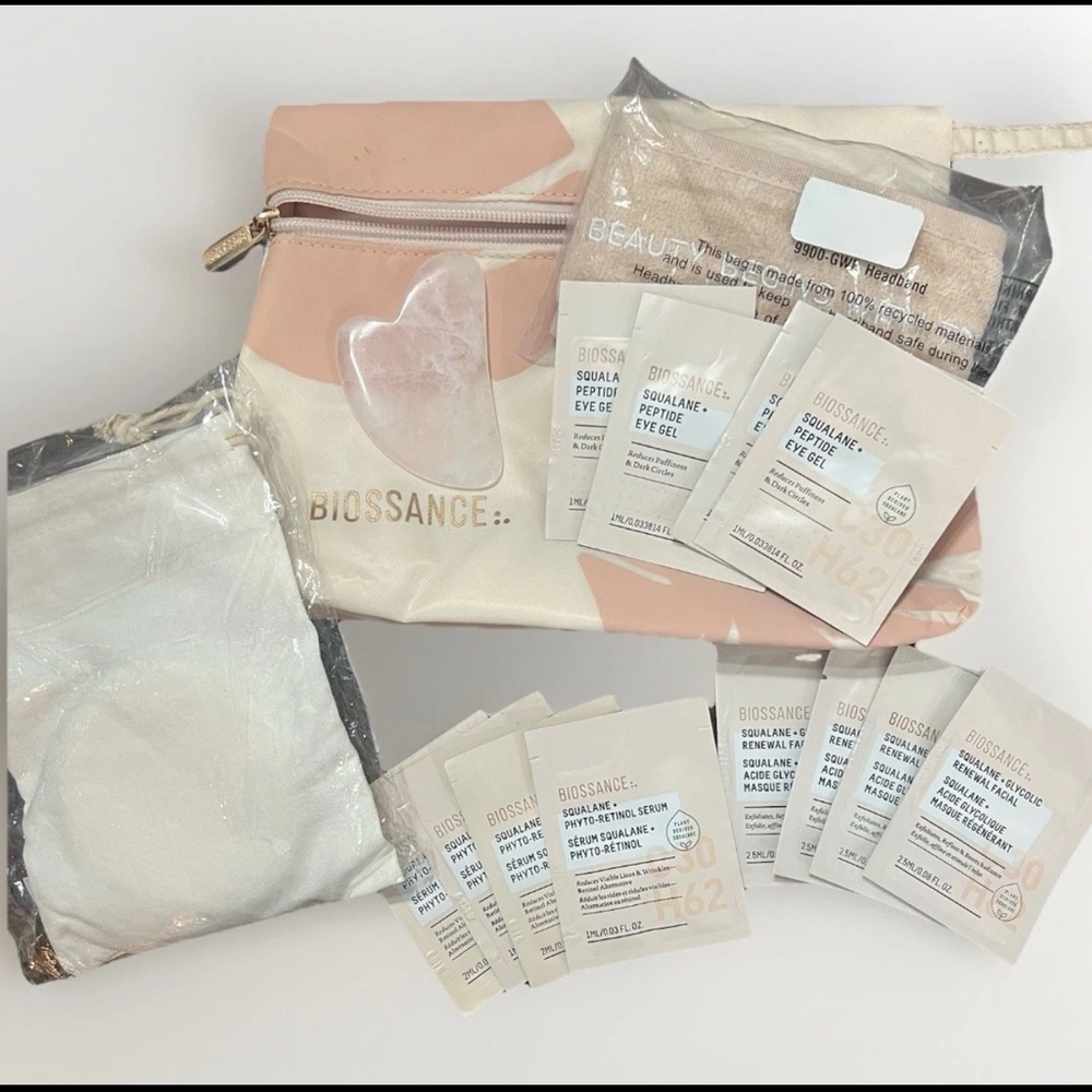 Biossance Set Pink Flora Bag - Eye Gel, Serum, Facial, Gua Sha, Cloths, etc.